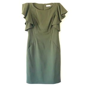 Olive green Calvin Klein ruffle sleeve dress